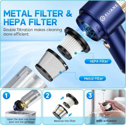 Eliane Handheld Car Vacuum Cleaner 16000PA, Cordless Portable 2-in-1 Air Duster and Vacuum with LED Light- 120W High Power Mini Vacuum, Multi-Nozzle Cleaner for Car, Home, Pet Hair & Office (Blue) 3
