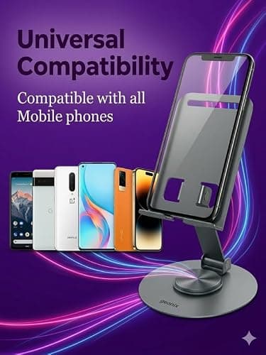 Universal Smartphone Desktop Phone Stand, 360 Degree Rotation, Adjustable and Foldable, Black, Freestanding Metal Mobile Holder 4