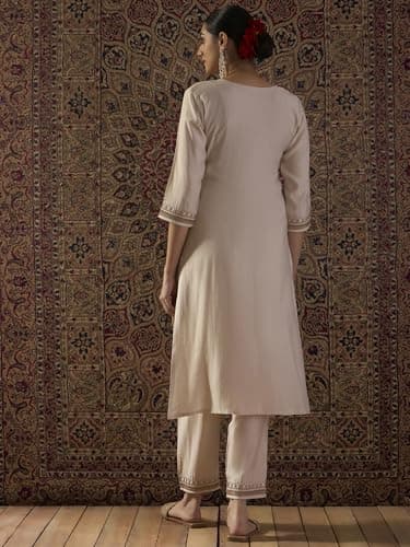 INDO ERA Women's Liva Ethnic Motifs Embroidered Straight Kurta & Pant Set (White_IESTR12380_XX-Large) 3