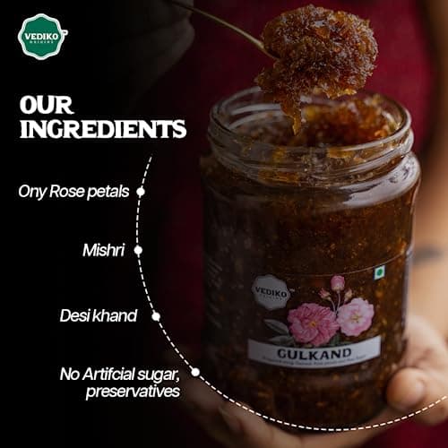 Vediko Origins Gulkand 350Gm|100% Sun-Cooked Pure Rose Petal Jam With No Artificial Flavors|Good For Gut Health|Sweetened With Raw Sugar (Mishri)|Improves Digestion|Natural Coolant|A Healthy Dessert 5