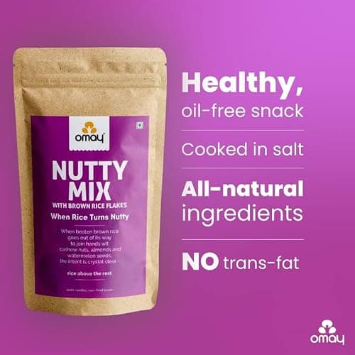 Omay Foods Nutty Mix, 400g Pouch | Brown Rice Chivda with Cashews, Almonds and Watermelon Seeds | Chatpata Trail Mix | Oil Free Roasted Snack | Healthy Namkeen | Weight Loss Snack 3