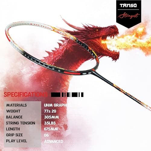 TANSO Wild Fire Full Graphite Ultra Light Weight Carbon Fibre Strung Badminton Racket (35 Lbs Tension,6.5mm ultra slim shaft, 77 Grams, Strung with premium strings and full racquet cover) (Aggressive) 2