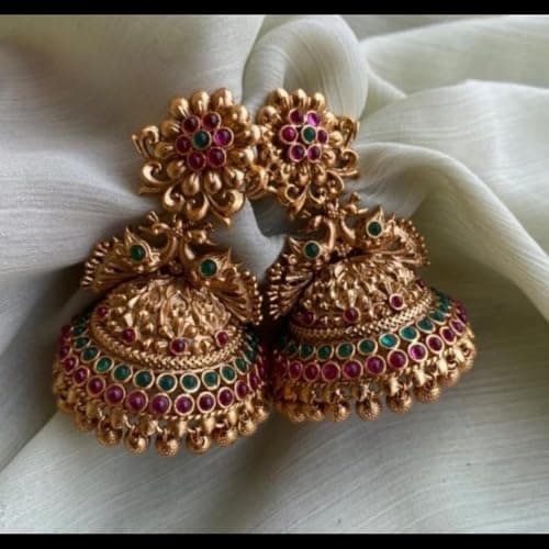Traditional Antique Gold Jhumka Earrings with Pink and Green Stones, Floral Design matt finish jimiki stone model 3