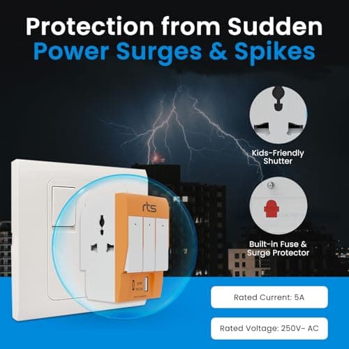 rts Type C PD and USB 3 Pin Multi Plug Socket-Worldwide Universal Travel Adapter with USB Ports & Individual Switch LED Indicator-3 Way Plug Socket (5A-250V) Type D Plug for Home Office Orange 5