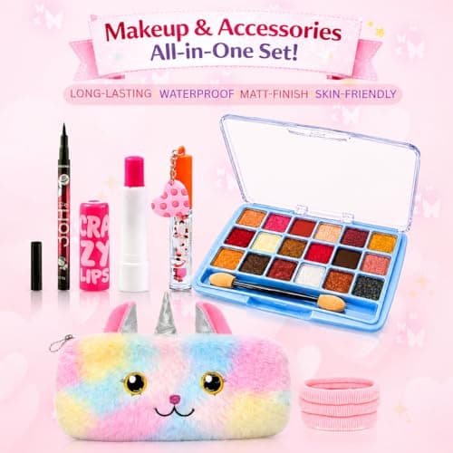 Kids Makeup Kit for Girls with Unicorn Pouch – 18 Color Eyeshadow Palette, Lipstick, Lip Gloss, Eyeliner Kajal & Hair Bands – All in One Cute Makeup Accessories Set for Kids, Teens & Beginners 2