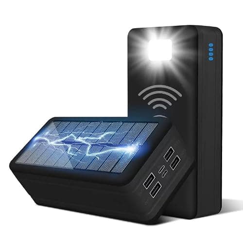 CALMORA 50000mAh Wireless Solar Charger, Portable Power Banks with 4 Outputs & LED Flashlight, External Battery Quick Charge Qi Power Bank for Outdoor Camping