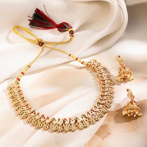 Rubans 22k Gold-Plated Red & Green Stone Studded Handcrafted Traditional Temple Jewellery Set For Women 4