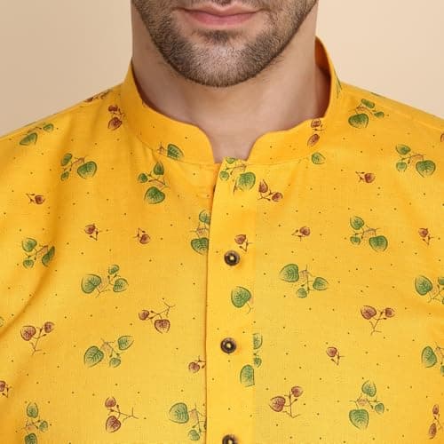KRAFT INDIA Men's Cotton Printed Stylish Ethnic Wear Kurta Pyjama Set (Color-Yellow, Size-42) 2