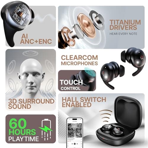 CrossBeats Hertz ANC TWS Ear Buds, Wireless in‑Ear Earphones, Sleep Buds v5.4 Bluetooth 10 mm Drivers Up to 60H Playtime, with AI Noise Cancellation,40 ms Low Latency, & AI ENC Earbuds Buds (Black) 2