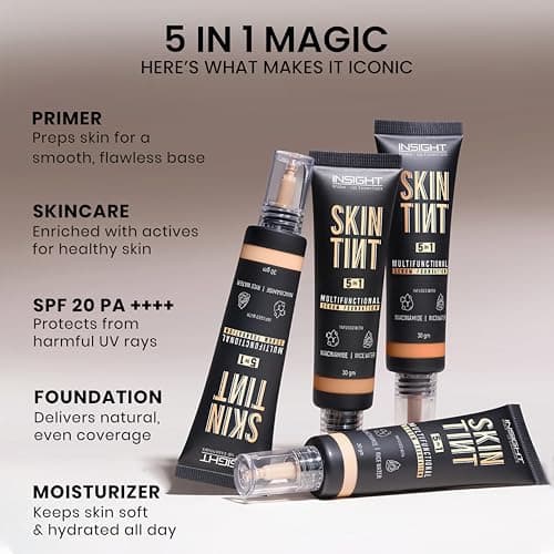 INSIGHT Skin Tint 5-in-1 Serum Foundation (30g) | SPF 20 PA++++ | Lightweight, Hydrating & Brightening with Niacinamide & Rice Water | Primer, Moisturizer & Sunscreen in One | For All Skin Types - Sha 5