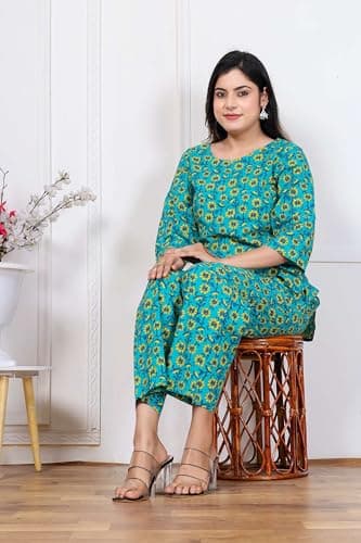 Women's Cotton Printed Co-ord Set | Stylish Kurta Pant Set | Soft Breathable Floral Co-Ordination Wear | Trendy Ethnic Outfit for Daily, Casual & Festive Comfort (Rama-XX-Large) 4
