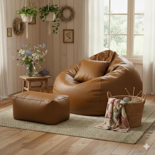 GIGLICK Luxury 5XL Jumbo Bean Bag with Footrest & Cushion | Premium Leatherette | High-Density Beans Filled | Heavy Duty Double Stitch | 6 Months Warranty Color- (Navy Blue) (TAN) 4
