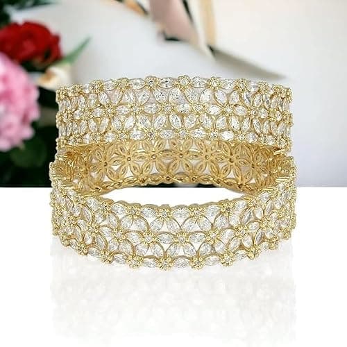 ROHINI NX Gold Plated AD Stone Floral Bangles for Women | American Diamond Crystal Studded Bracelet Kada Set | Party, Wedding, Traditional & Festive Artificial Jewellery (Set of 2) (2.6) 2