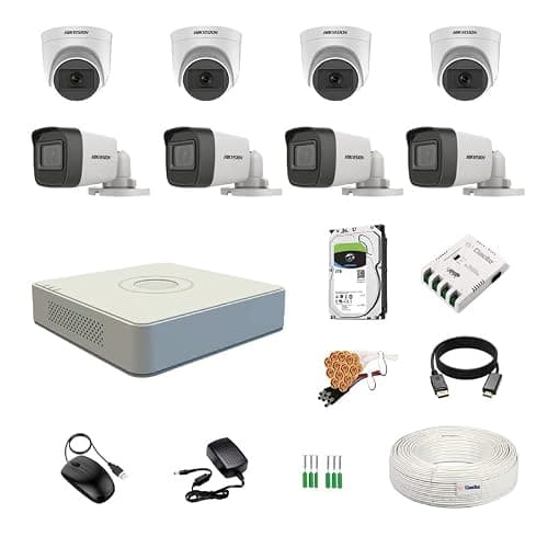 HIKVISION 8 Channel DVR with 5MP 4 Dome & 4 Bullet Cameras with Audio Recording (Day/Night Vision) + 2TB HDD + Cable Roll (1+3) 8 CH Power Supply + BNC & DC Full Combo Kit