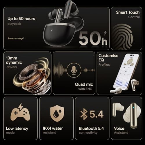 Fire-Boltt Newly Launched Aero Luxe TWS Earbuds with Custom EQ, Bluetooth 5.4 Wireless Earphones, 50H Playtime, Fast Charging Case, 50ms Low-Latency Gaming & Touch Controls Midnight Black 3