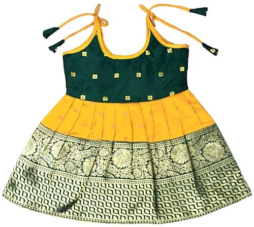 Rechesta New South Indian Traditional pattu Pavadai pattu langa Lehenga Choli Jecquard Lehenga Choli for Girls Dress (Green Yellow) (0-3 Months)