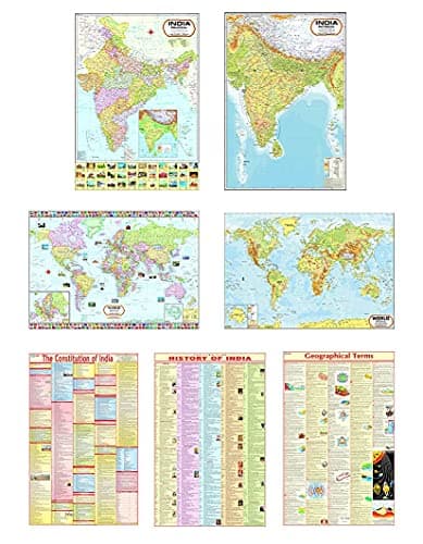 India & World Map ( Both Political & Physical ) with Constitution of India Chart, History of India Chart & Geography Terms Chart | Set Of 7 | Useful for UPSC and other exams | By VCP 2
