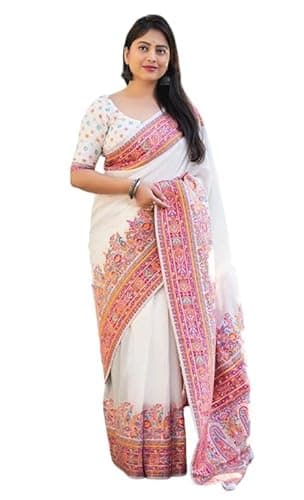 Amazon Brand - Anarva Women's Silk Saree With Blouse Piece | saree for women(nilima-white-re)