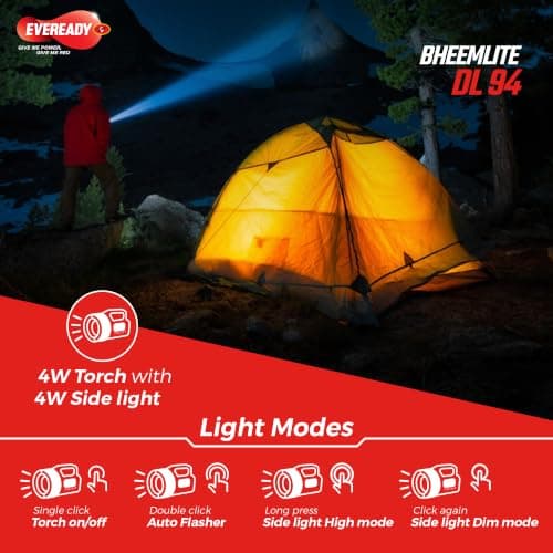 Eveready Bheemlite DL94, 4W Rechargeable LED Torch & 4W Sidelight, USB Type-C Fast Charging, 4 Light Modes, Overcharge & Deep Discharge Protection, Shoulder Strap Included, Powered by Li-ion Battery 2