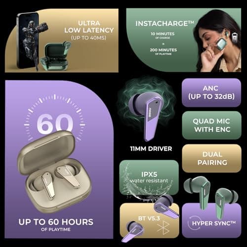 Noise Buds N1 Pro Truly Wireless Earbuds with Metallic Finish, ANC(Upto 30Db), 60H of Playtime, Dual Pairing, Instacharge(10 Min=200 Min), BT V5.3(Chrome Beige) 2