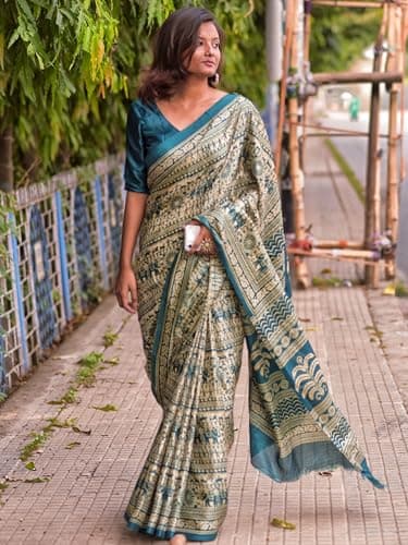EthnicJunction Women's Art Silk Kalamkari Print Saree With Blouse Piece (Teal) 5
