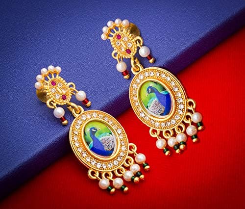 LUXOR Gold Plated Peacock Motif Dangler Earrings for Women | Brass Ethnic Drop Earrings Green & White | Latest Trendy Jewellery | Ideal Festive Gift Choice (ER2222) 2