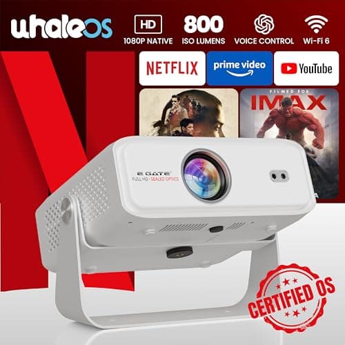 E Gate Duster 8X Projector 4k Ultra HD | Official Netflix, Prime, Sony | 100% DustFree & Certified Android Whale OS | 8X Brighter, 1080p Native, Fully Automatic, HDMI-ARC, Chat GPT Voice Remote, EGATE 2