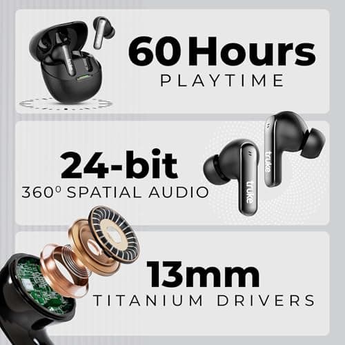 truke New Launch Mega 7 True Wireless in-Ear Earbuds w/ 24-Bit 360 Spatial Audio, 60H Playtime & Fast Charging Buds, Dual Pairing, 40ms Low Latency TWS, 4-Mic ENC, Made in India-(Coal Black) 2