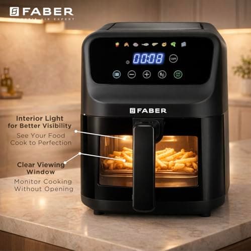 Faber 6L 1500W Digital Air Fryer | Fry, Bake, Roast | 85% Less Oil, 200°C Swirl Heating Technology |8-Preset Menu|View Window|Touch Control Interface| Auto Shut-Off |2 Yrs Comprehensive warranty|Black 6