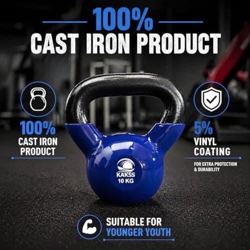 KAKSS Half Coating Vinyl Kettlebell, 10kg Blue Cast Iron Kettle Bell with Non-Slip Grip Handle for Strength Training, Home Gym Workout Equipment for Men & Women (Proudly Made in India) 2