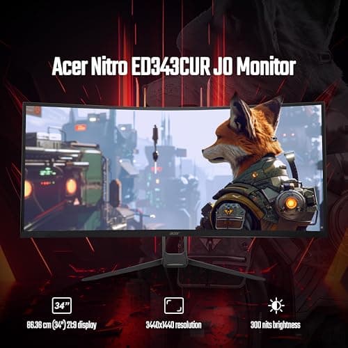 acer ED343CUR J 34 Inch UWQHD (3440x1440) Pixels VA Panel 1000R Curved Backlight LED Monitor I 1 MS, 120Hz Refresh I HDR 10, Adobe RGB 90% I RGB Lighting I 2 x HDMI (2.0) 2 x DP (1.2) I Eye Care 5