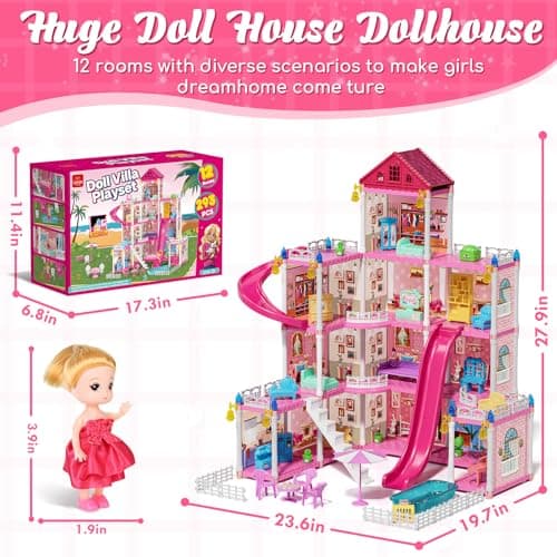 Lehoo Castle Doll House with12 Rooms, Pink Dollhouse Play Set, Ideal Gift for 3 4 5 6 Year Old Girls 2