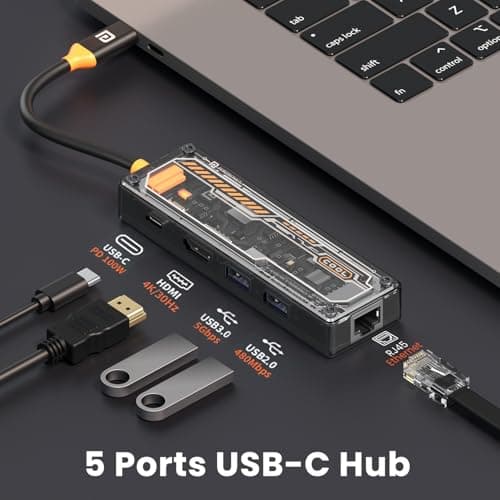 Portronics MPort View One 5-in-1 USB Type-C USB Hub/Docking Station,Type-C PD&Data, USB 3.0 SuperSpeed,USB 2.0,RJ45 Ethernet, 4K@30Hz HDMI,Transparent Case for Laptop, PC & More (Black) 2