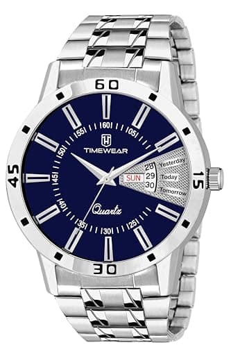 TIMEWEAR Formal Day Date Watch Collection Stainless Steel Analog Men's Watch (Blue Dial Silver Colored Strap)