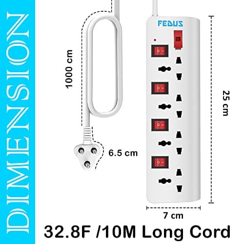 FEDUS 10 Meter 32.8 Feet Long Switch Board Extension | Pack 1 Extension Boards with Switch,Extension Board with Long Wire, Extension Board for Computer, Surge Protectors Spike Buster, Switch Board 5