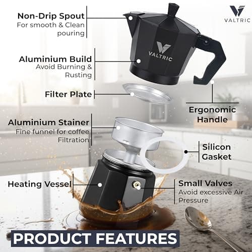 VALTRIC 2-in-1 Moka Pot Espresso Maker | Stovetop & Induction Compatible | 300ml Premium Aluminium | Italian Style Percolator Coffee Brewer | Brews 4–6 Cups | Espresso, Americano & More, Black 4