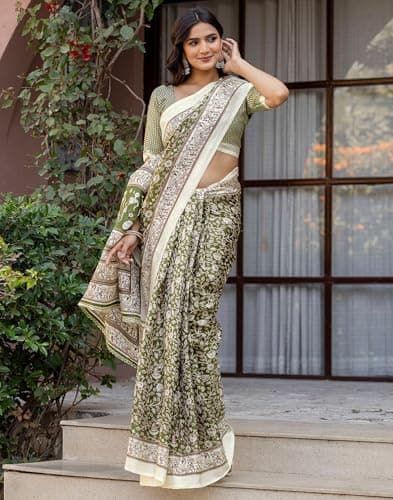 SIRIL Women's Khadi Printed Saree with Unstitched Blouse Piece (5212S736_Olive Green) 3