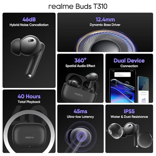 realme Buds T310 True Wireless in-Ear Earbuds with 46dB Hybrid ANC, 360° Spatial Audio, 12.4mm Dynamic Bass Driver, Upto 40Hrs Battery and Fast Charging (Vibrant Black) 5