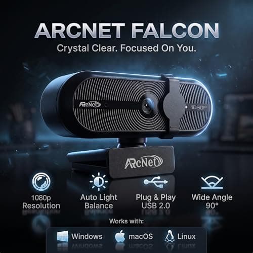 ARcNet Falcon Full HD 1080p/30fps Webcam with Microphone & Privacy Cover, USB HD Computer Web Camera, Plug and Play, for Zoom/Skype/Teams, Conferencing and Video Calling, 90-Degree Wide Angle Lens 2