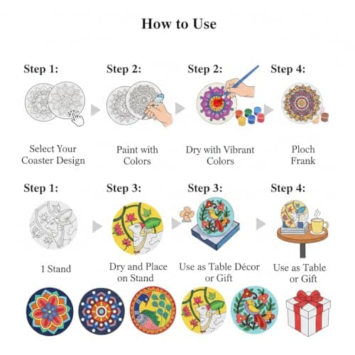 HOBBY INDIA Mandala Art Kit for Adults and Kids | DIY Tea Coaster Set of 6 with Painting Kit | Unique Art and Craft Kit Gift | Perfect Tea Coaster for Office Desk, Dining Table Kitchen Decoration 3