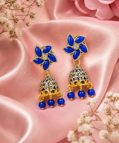 Traditional Jhumka Earrings Combo, Pink, Blue and Black, Crystal Top with Pearl Drops, Set of 3 Pairs (4) 5