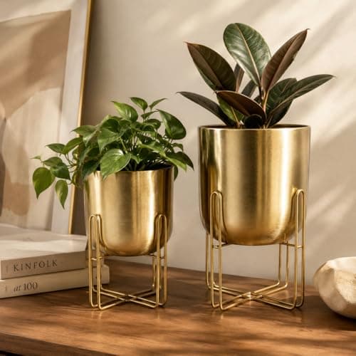 INDIAN DECORMART Golden Metal Planter with Stand | Elegant Metal Planters for Home Decor, Living Room, Garden & Balcony | Decorative Flower Pots & Plant Stands for Indoor and Outdoor Use (Set of 2)