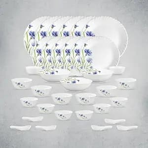 La Opala Opal Glass Crockery | for Family of 6 | Dinner Set 35 pcs Floral Fountain | Plates & Bowls for Dining | Microwave Safe | 100% Vegetarian | Extra Strong | Extra Light & White