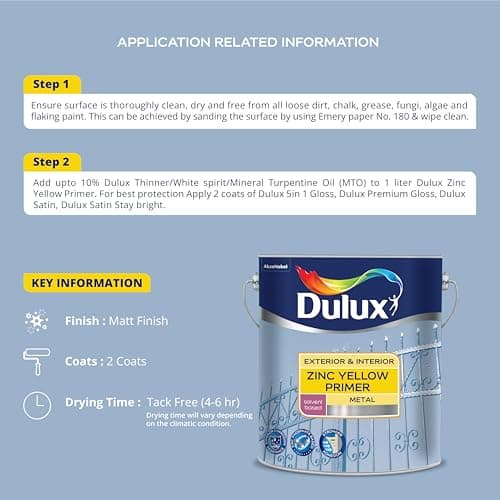 Dulux Zinc Yellow Metal Primer | Quick-Drying, Rust & Corrosion Resistant | Interior & Exterior Use | All-Weather Protection & High Durability for Metal Surfaces | 1 Litre 4