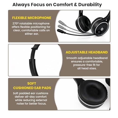 BigPassport Bluetooth Wireless Over-Ear Headset with Mic | Noise-Cancelling Headphones for Skype, Zoom, Online Meetings, Call Center, Office, PC, Laptop – Pro-Air_Bp30 (Black) 5