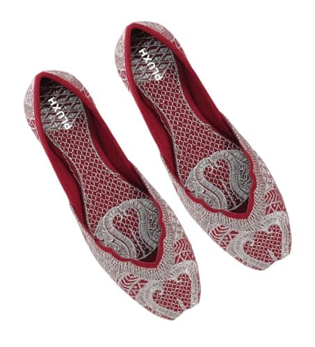 Pluxh Women’s Net Embroidered Ethnic Jutti Flats | Soft Cushion Slip-On Traditional Footwear for Daily & Occasion Wear| 5 UK Cherry