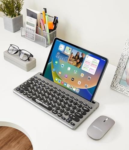 Amazon Basics Wireless Keyboard and Mouse Set with Bluetooth multiconnect, 2.4GHz Receiver,1600 DPI, Smartphone/Tablet Holder, Built in Rechargeable Battery 6