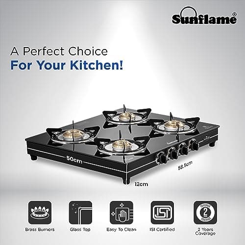 Sunflame Diamond 4 Burner Gas Stove | 2 Medium and 2 Small Brass Burners | 2-Years Product Coverage by Sunflame | Ergonomic Knobs | Toughened Glass Top | Easy to Maintain| PAN India Support 2