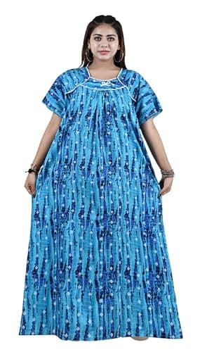 Bejod's Collection Women's Nighty Women Cotton Maxi Nightdress – Printed Floral Full-Length Nightgown, Plus Size Loose Fit Sleepwear Summer Nightwear for Women XL-3XL (Blue, XXL)