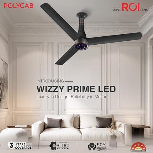 Polycab Wizzy Prime 1200mm BLDC Ceiling Fan with remote |BEE 5 Star Rated, Higher Air Delivery|LED Indicator,Reverse,Boost,Sleep and Breeze Mode,Free Installation|3 Years Warranty 【Matt Black】 3